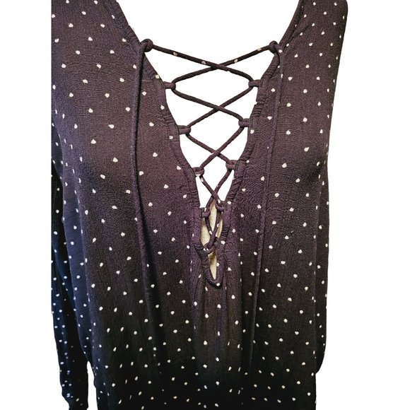 Billabong Flowy blouse size Medium lace up front long sleeve polka dot blue - Picture 2 of 9